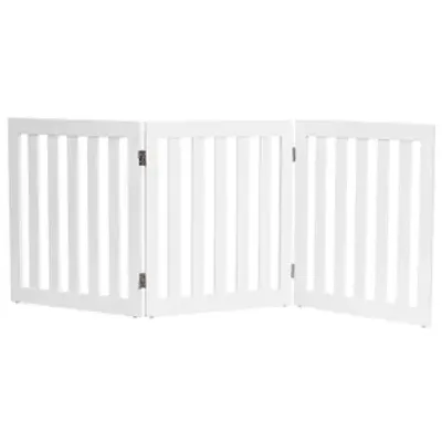 Obrázok produktu pre COSTWAY Zábrana pre psov 60 cm vysoká, skladacia drevená bezpečnostná brána, zábrana pre psov na schodoch, flexibilná ochrana dverí (3 panely, biela)