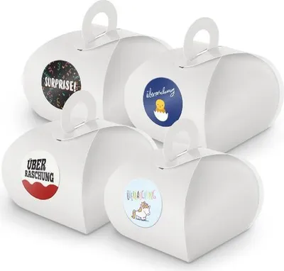 Produktbild von SET Überraschung (Motiv45) 24x Geschenkschachtel mit Griff weiß  + Sticker