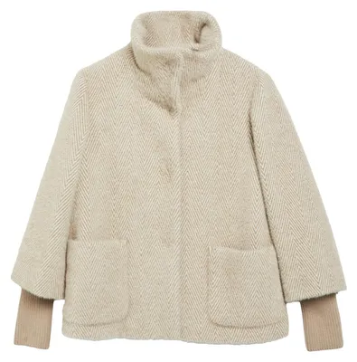 Produktbild von s.Oliver Flauschige Jacke mit feinem Muster und Strickärmeln – Größe 36, 80Q1_hellbraun