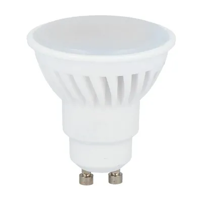 A white LED light bulb with a GU10 base is shown against a white background.