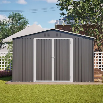 Produktbild von Robuster Geräteschuppen aus Metall, Gartenhaus mit Satteldach, XXXL (300×252×191 cm), sicheres Lager für Gartengeräte & Werkzeug, Grau