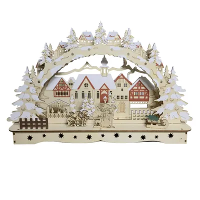 Produktbild von 3D LED LICHTERBOGEN SCHWIBBOGEN Winterdorf Holz 26x43cm Weihnachten Advent Winter
