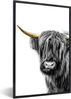 Produktbild von MuchoWow® MuchoWow® Gerahmtes Poster Scottish Hochlandrind - Schwarz - Weiß - Gold 60x90 cm - Poster mit zchwarzem Bilderrahmen - Kunst