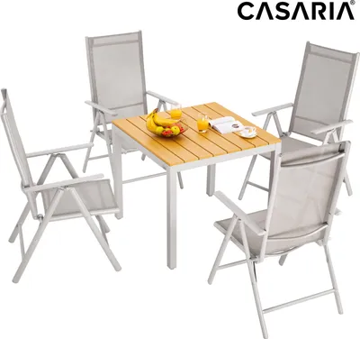 Image de Salon de jardin aluminium Bern 4+1 chaise dossier haut pliable 7 positions table 80x80cm bois composition jardin terrasse