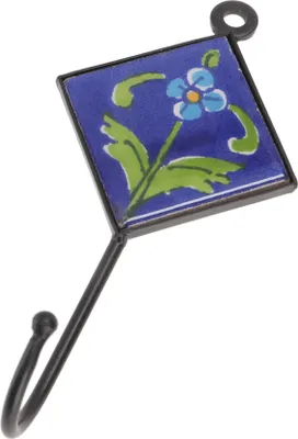 Produktbild von Wandhaken, Garderobenhaken mit Handgefertigter Blue Pottery Fliese (5*5 cm) - Modell 5, Blau, Keramik,Metall, Wandhaken aus Holz, Metall & Keramik