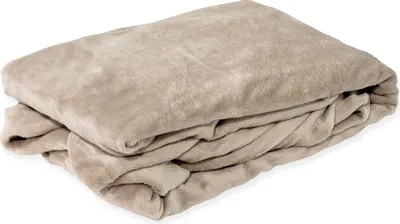 A folded taupe blanket on a white background.