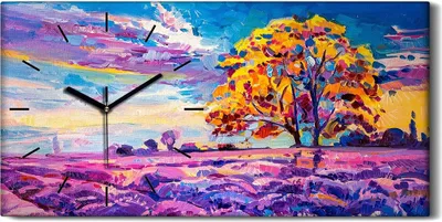 Produktbild von Dekor Leinwand Uhr Wandbilder Kunstdruck 60x30 Sonnenuntergang über Lavendelfeld - schwarze Hände