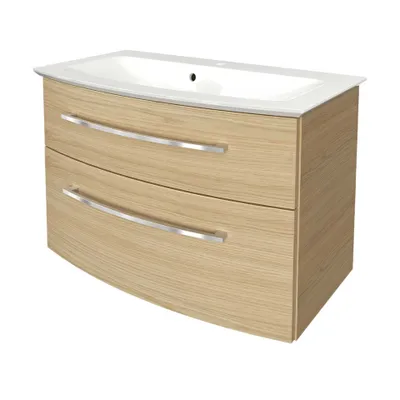 Produktbild von FACKELMANN B.STYLE Badmöbel Set 2 Teile / Gussmarmor Waschbecken / Waschbeckenunterschrank mit 2 Schubladen und Soft-Close / hochwertige Möbel fürs Bad / Korpus & Front: Braun hell / Breite: 83 cm