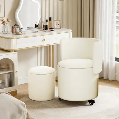 Obrázok produktu pre Kozmetické kreslo s možnosťou naklápania a úložným priestorom, otočná toaletná stolička so sklápateľnou opierkou a malá čalúnená otomanka z umelého koženky, vhodná do spálne a obývačky