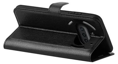 A black leather wallet case for a phone is shown open, displaying the phone's camera module.