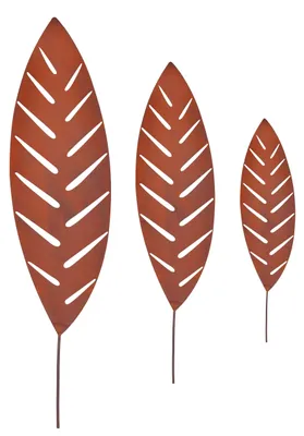 Imagen del producto de Relaxdays, juego de 3 estacas para jardín con forma de hoja de palmera, color óxido, metal, altura de 50 a 100 cm, decoración para jardín, estacas metálicas para exteriores, color marrón