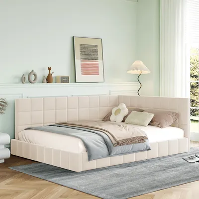Produktbild von okwish Polsterbett 140×200cm Schlafsofa mit Lattenrost，Jugendbett in Samtstoff，Tagesbetten Multifunktionsbett，Ohne Matratze，Beige