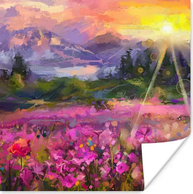 Produktbild von MuchoWow® Poster Gemälde - Ölfarbe - Blumen - Natur - Sonne 100x100 cm - Babyzimmer
