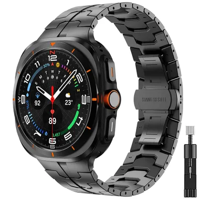 Produktbild von FFO2World Premium Metallband 'Iron' für Samsung Galaxy Watch Ultra 47mm – Schwarz – Klassisches Design mit Schmetterlingsverschluss – Inklusive Inkort