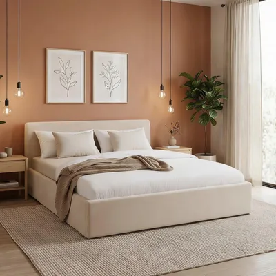 Produktbild von Polsterbett DREAM gepolstert, 180x200 cm  Cremeweiß – komfortables Doppelbett mit Kopfteil und Lattenrost aus Samt Stoff, Bezug aus 100 % Polyester, modernes Design für das Schlafzimmer