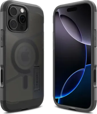 A product shot of an iPhone case with a phone inside, shown from the back and side.