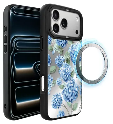 Produktbild von Schutzhülle für das iPhone 17 Pro Max, MagSafe-kompatibel, mattschwarze Seiten, Hortensienblüten