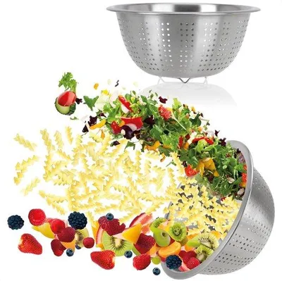 Produktbild von Zwei runde Edelstahl-Sitzen für die Küche - klassische Pastazitzen - Früchtehalter und Gemüsebecher mit 24cm Durchmesser