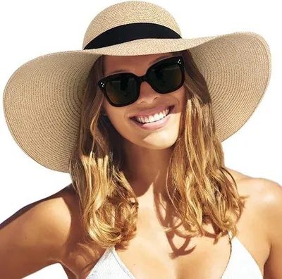 Immagine prodotto di Cappello da spiaggia con tesa larga, diametro di 48 cm, protezione UV UPF 80, pieghevole, senza pieghe, elegante cappello da spiaggia per vacanze estive e giornate in spiaggia - Beige