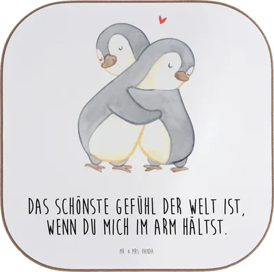 Produktbild von Mr. & Mrs. Panda Tischuntersetzer Pinguine Kuscheln - Weiß - Geschenk, Untersetzer für Gläser, Coaster, Valentinstag, gläseruntersetzer, Partner, Glas, Mitbringsel