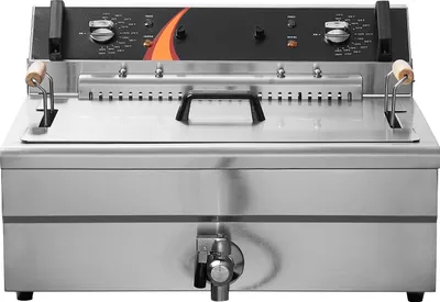 A stainless steel commercial deep fryer is shown from the front.
