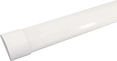 A close-up, angled view of a white LED light fixture against a white background.