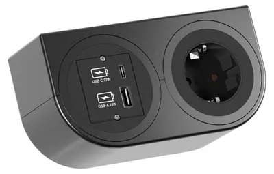Zdjęcie produktu dla UCHWYT NA PRZEWODY BACHMANN, PODWÓJNY, 1x gniazdo CEE7/3, 1x USB A/C, gniazdo CEE7/7, czarny, 2 m