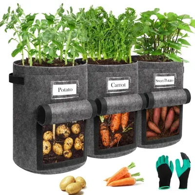 Produktbild von Kartoffelpflanzsäcke Set von 3 - 13 Gallon Garten Pflanzsäcke mit Gartenhandschuhen
