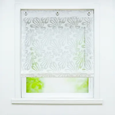Produktbild von Delien Raffrollo ohne Bohren mit Hakenaufhängung Ausbrenner Küche Raffgardinen mit Floral Motiv halbtransparent Ösenrollo Weiß BxH 80x140 cm