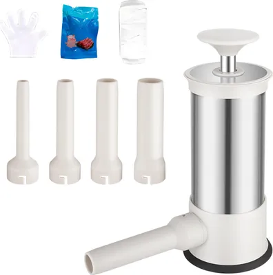 Obrázok produktu pre 3.3Lbs klobásy Stuffer z nehrdzavejúcej ocele Vertikálne plnenie mäsa Bez napájania Manuálny lis Domáci výrobca klobás so 4 rôznymi veľkosťami plniacich rúrok Rukavice na klobásy a bavlnené nite