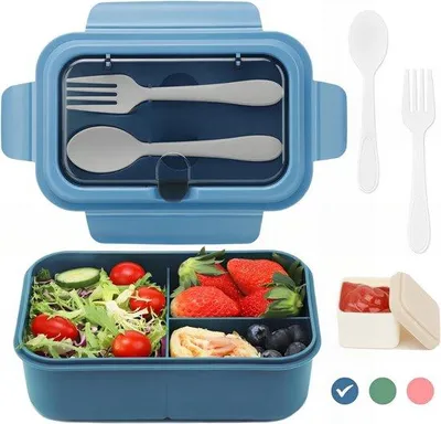 Produktbild von Famanu Bento Lunchbox 1200 ml - Mit 3 Fächern und Besteck, leckfreie Snackbox für Erwachsene