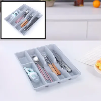 Productafbeelding van Besteklade - Met 5 Vakken - Bestekbak - Kunstof - Bestekbakken - Keukenla bestek organizer - 26 x 31 x 4.5 Cm - Grijs