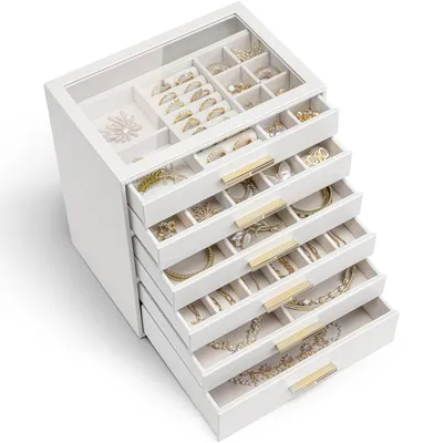 Produktbild von Schmuckkästchen Schmuckbox Schmuckschatulle - 6 Ebenen - Glasdeckel - Weiß