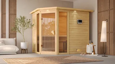 Produktbild von Karibu Sauna Innensauna Sinai 3 Eckeinstieg ohne Zubehör 264x198x214 cm mit Dachkranz