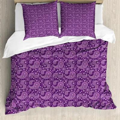 Produktbild von ABAKUHAUS lila Paisley Bettbezug Set, Monochrome-Entwurfs-Grafik mit Blumenmotiv-Damast-Druck, 155 x 220 cm + 80 x 80 cm, Lila