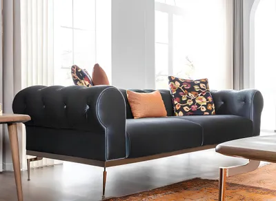 Zdjęcie produktu dla Trzyosobowa sofa Chesterfield 3-osobowa sofa z tkaniny Sofy z niebieskiej tkaniny