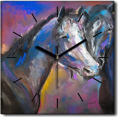 Produktbild von Coloray Uhr auf Leinwand 30x30 cm Wand Uhr Dekoration Wohnzimmer Segeltuch schwarze Hände -Pastelle Porträt von Pferden