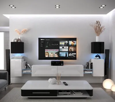 Produktbild von Furnitech Wohnwand Wohnzimmer - Wohnzimmer Möbel mit LED Weiß - Hängend Wohnwand Modern - Regale und TV Schrank (AN105-21BW-HG3 1A)