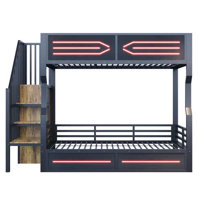 Produktbild von Flieks Etagenbett 90x200cm mit Kleiderstange und Staufächern, Jugendbett Metallbett mit Led, Hochbett Kinderbett mit Treppe und Lattenrost, Schwarz