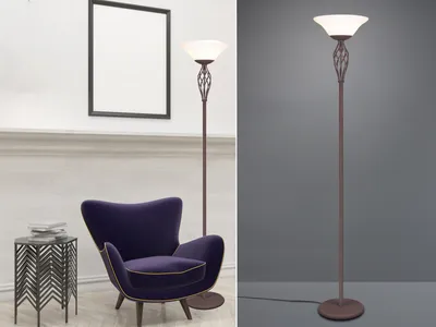 A split image showing a floor lamp next to a chair and side table on the left, and a standalone floor lamp on the right.