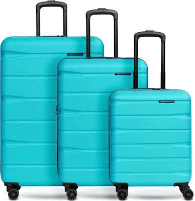 Three turquoise suitcases of different sizes are arranged in a row against a white background.