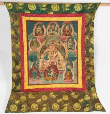 Obrázek produktu pro Fine Asianliving Starožitný tibetský Buddha Thangka ručně malovaný a vyšívaný velký Š90xV96cm