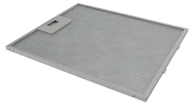 A metal range hood filter is shown from a diagonal angle against a white background.