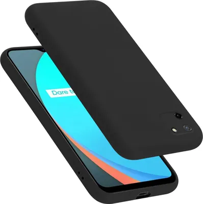 A black phone case is shown on a white background, with the phone inside it visible.