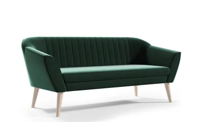 A green velvet sofa with light wood legs on a white background.