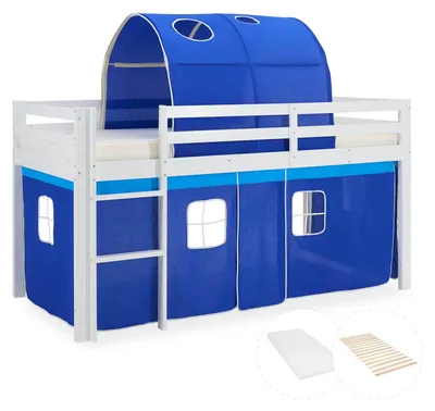 Produktbild von Homestyle4u Hochbett 90x200 Kinder mit Rutsche mit Lattenrost mit Matratze  Standard 100 Tunnel Vorhang Blau Junge Spielbett Rausfallschutz