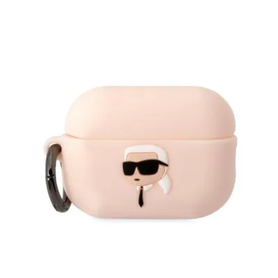 A light pink AirPods Pro 2 case with a 3D Karl Lagerfeld head graphic.