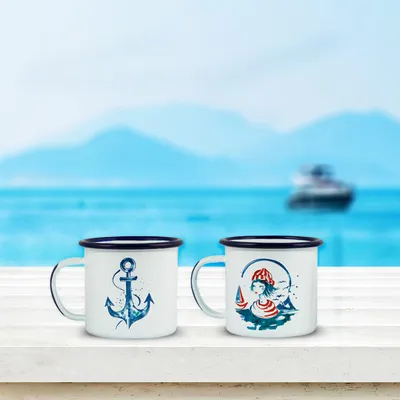 Zdjęcie produktu dla Kubki emaliowane Anemoss Marine Collection Sailor Girl&Anchor, kubek kempingowy, kubek emaliowany 350 ml, kubek do kawy na kemping i na zewnątrz, Türkiye Made