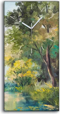Produktbild von Küche Wohnzimmer Wand Leinwand Uhr 30x60 Ölgemälde Wald Wasser Bäume Himmel - weiße Hände