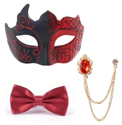 Produktbild von Maskerade Halbgesichtsmaske mit Fliege & Brosche | Cosplay Kostüm Abschlussball Karneval – Damen & Herren 3-teilig - Farbe: Rot